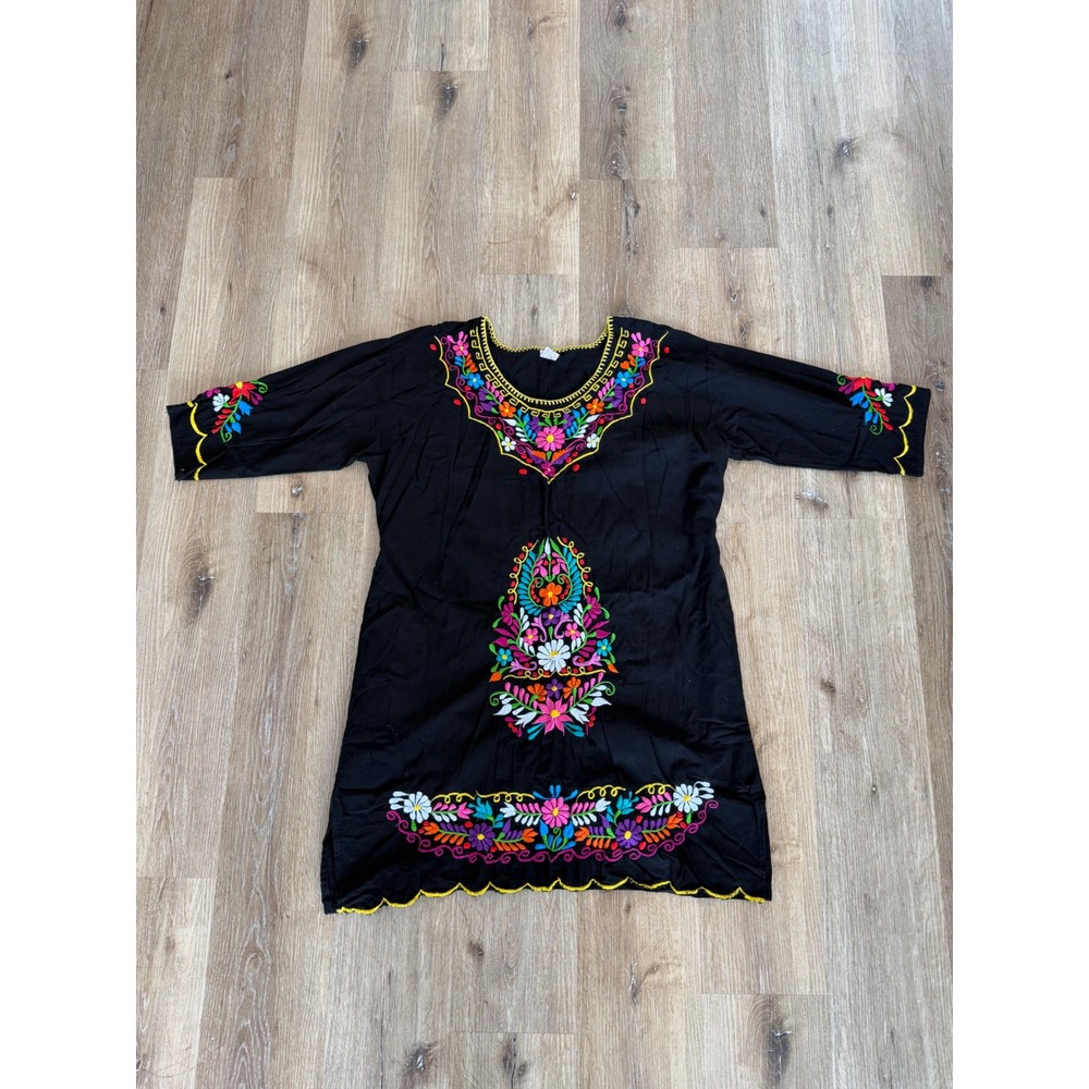 Mexican Tunic Dress Womens XL Black Floral Embroidered Boho Huipil Peasant